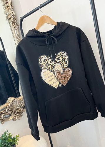 ALICIA Leopard Print Heart Hoodie in Black